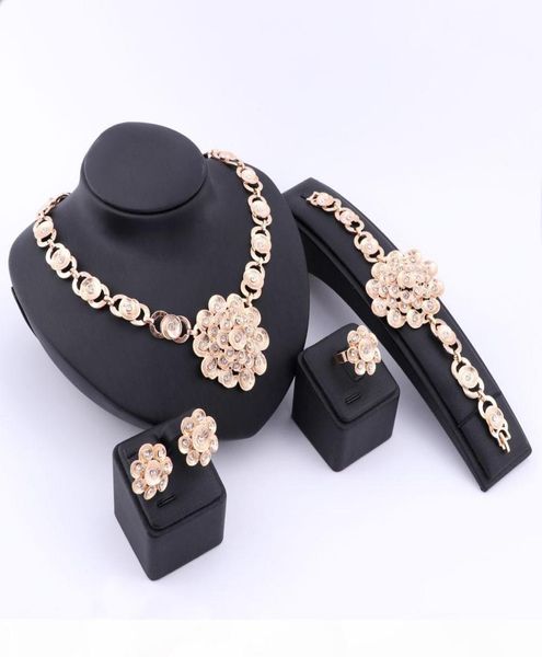 

elegant african retro dubai 18k gold silver plated crystal necklace earrings ring bracelet jewelry sets for women wedding party5069480, Slivery;golden