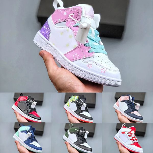 

classic 1 mid patent bred white pomegranate skateboarding sneaker children boy girl kid youth basketball sports shoes skate size eur22-35, Black
