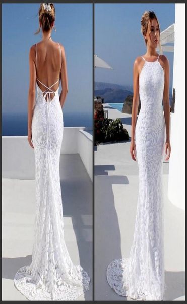 

2019 new bohemian beach wedding dresses spaghetti backless mermaid bridal gowns sweep train lace country princess dress for brides2524543, White