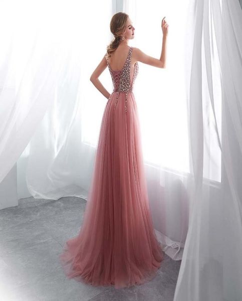 

beading evening dress 2020 vneck pink high split tulle sweep train sleeveless prom gown aline lace up backless vestido de lj20129028316, Black