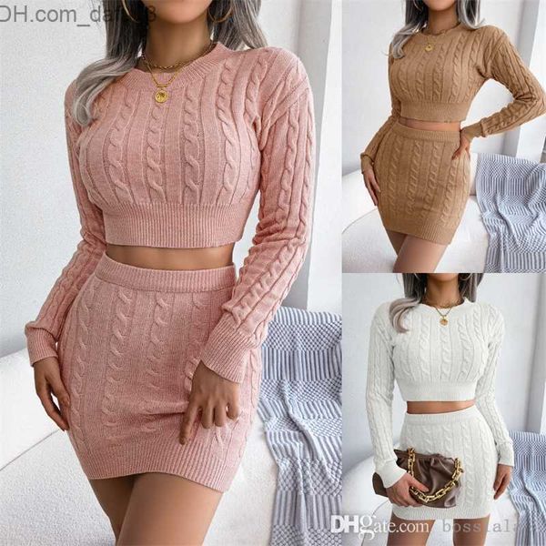 

two piece dress 2022 autumn and winter knitted two piece dress suit leisure fried dough twist navel sweater buttock skirt womens wear z23072, White