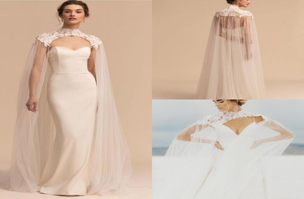 

high collar lace jackets 2019 customized bridal appliques tulle long wraps women formal shawls dress accessories4320378, White