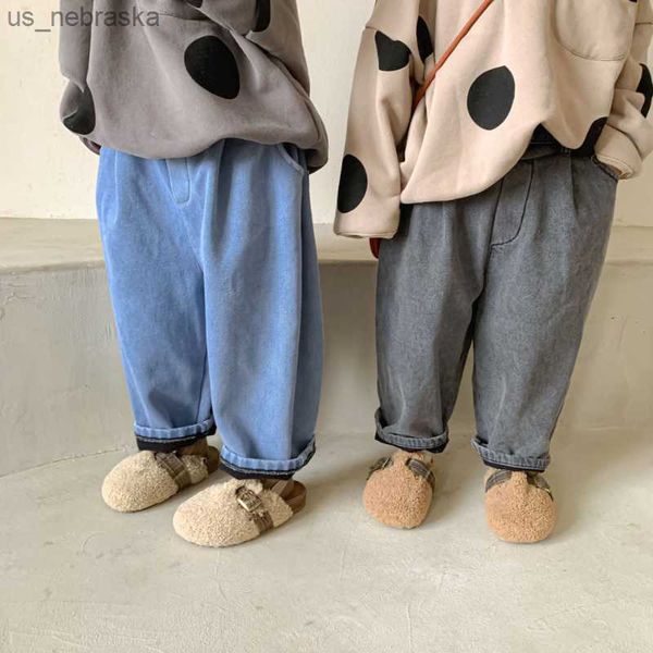 

kids lining plush jeans boys thick warm trousers girls soft loose denim pants l230518, Blue