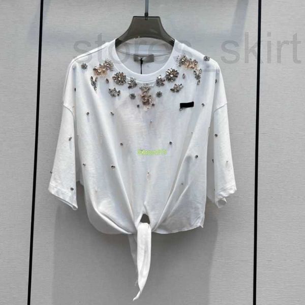 

women's t-shirt designer 23ss women 100% cotton tee t shirts with crystal beads girls loose vintage crop brand jersey letter runway pu, White