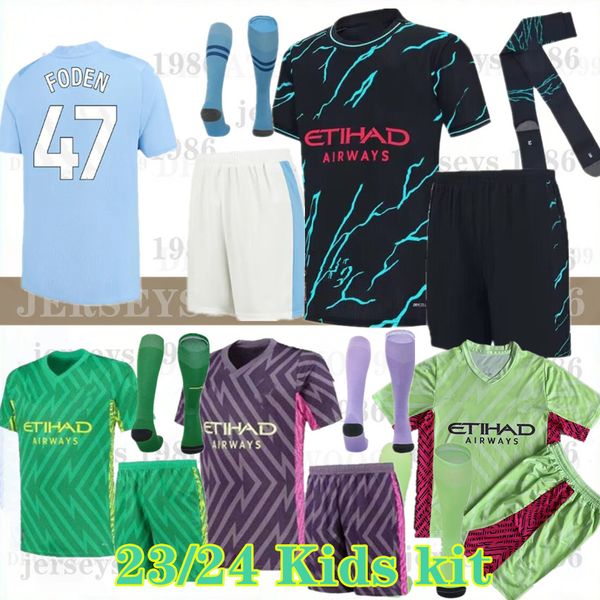 

kids 2023 2024 haaland football kits tracksuits soccer jerseys 23 24 grealish sterling mans cities mahrez de bruyne foden footbal kit boys g, Black