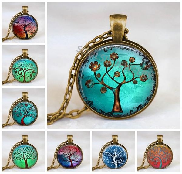 

life tree pendant necklace art glass cabochon necklace bronze long chain vintage choker statement necklace women jewelry6238169, Silver