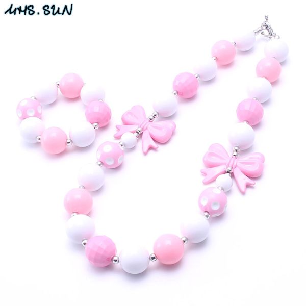 

european and american pink bow children's necklace bracelet set beaded necklace chunky necklace set, Silver