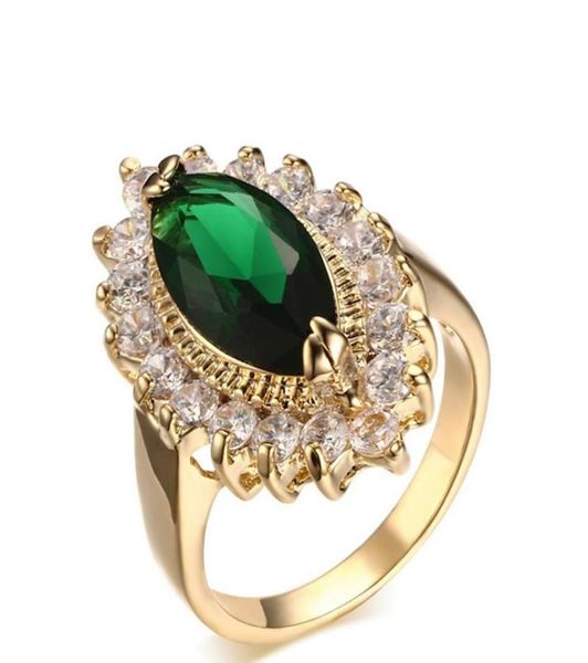 

teardrop shaped women ring inlaid green crystal 18k yellow gold gilled elegant lady girlfriend finger band ring gift size 88629460, Golden;silver