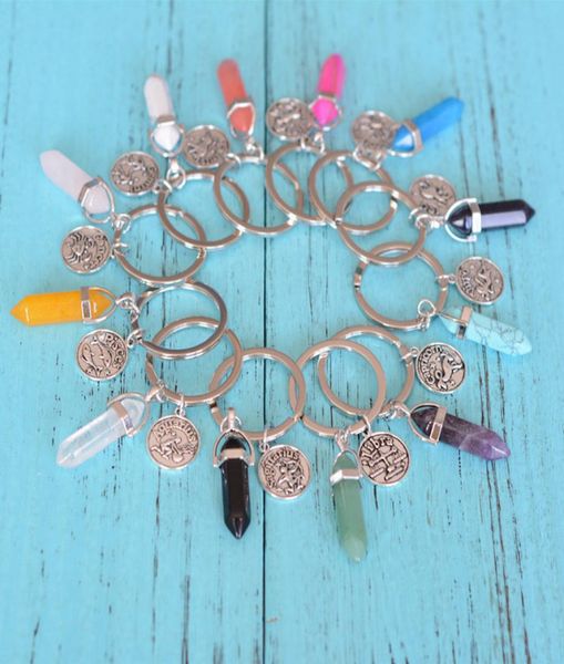 

12 zodiac sign constellations crystal pendulums key rings keychain natural stone hexagonal prism fashion key chain jewelry keyring7988190, Slivery;golden