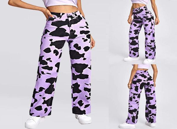 

women039s jeans fashion woman mid waist loose pocket purple cow print pants leopard straight leg long pantalones de mujer5783332, Blue