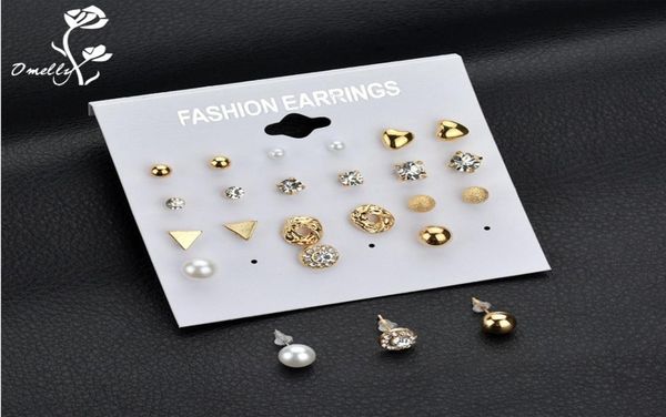 

fashion 12 pairset trendy style women pearl crystal heart stud earrings for women piercing simulated pearl whole jewelr7808037, Golden;silver