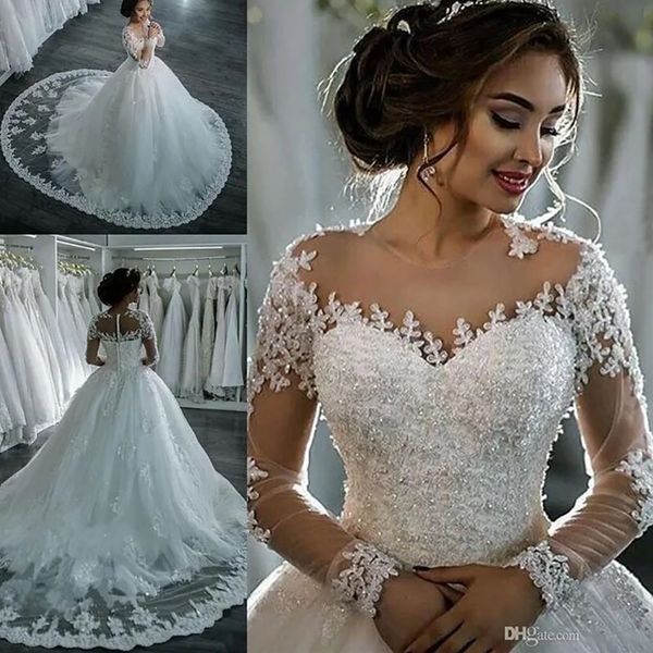 

wedding dresses ivory bridal gowns white new plus size formal ball gown tulle applique custom beaded button zipper o-neck long sleeve illusi