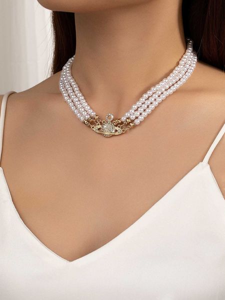 

women's accessories 1pc exquisite faux pearl rhinestone decor planet pendant necklace for women for vacation, Silver