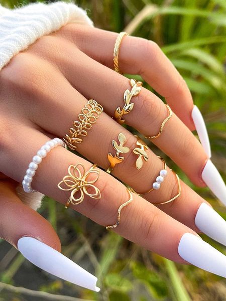 

women's accessories 10pcs faux pearl flower decor ring, Silver