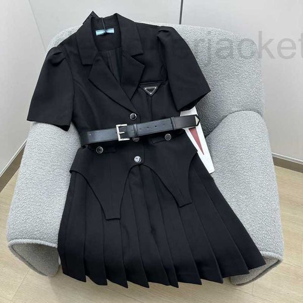 

basic & casual dresses designer womens fashion suit pleated dress double-breasted suits elegant woman long sleeves summer classic print clot, Black;gray