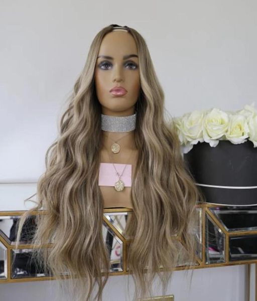 

30 inches platinum blonde highlight human hair machine made u part wigs 250 density body wave malaysia remy 100 unprocessed wig w3885359, Black