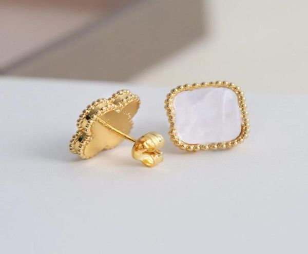 

silver fashion vintage 4 van leaf clover charm stud love earrings motherofpearl shell gold plated for womengirls valentine0399083613, Golden;silver