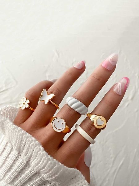 

women's accessories 6pcs/set butterfly flower decor ring, Silver