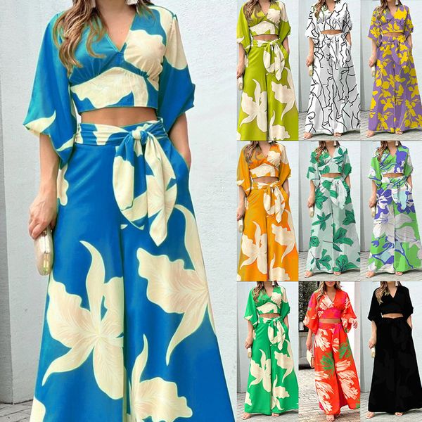 

womens two piece pants spring autumn printed leisure suit vneck lantern sleeve short high waist wide leg set 230724, White