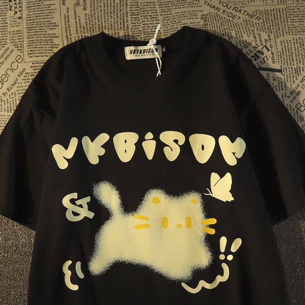 

men's casual shirts american retro preppy style kitten pattern tshirt men and women couple outfit summer loose harajuku halfsleeved y2k, White;black