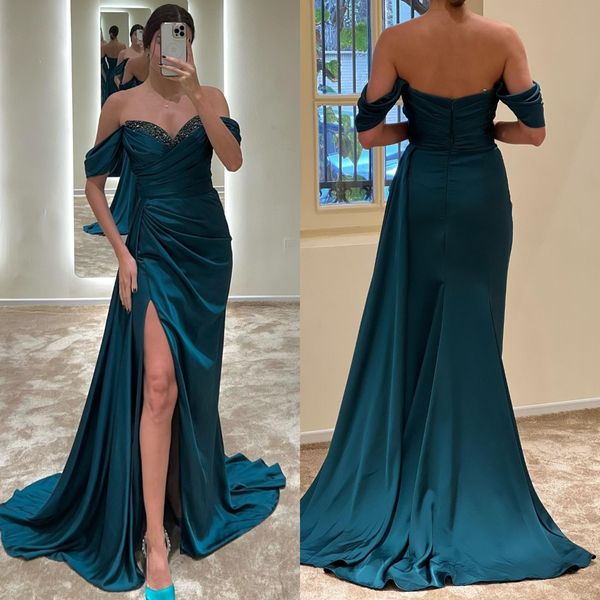 

cocktail blue formal evening dresses beads off shoulder party prom dress pleats split formal long dress for red carpet special occasion, Black;red