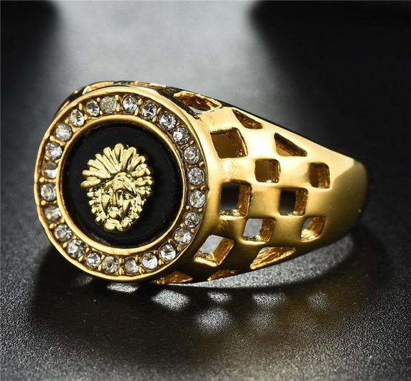 

vintage crystal enamel lion head rings for men hip hop gold alloy hollow wide hollow finger ring luxury punk rock knight jewelry8331830, Golden;silver