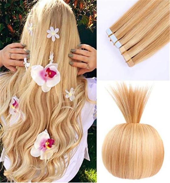 

tape in human hair extensions 40 pcs p14 to 613 blonde piano color blonde brazilian hair skin weft 100g double drawn tape in8354643, Black