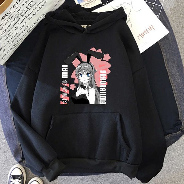 

anime hoodie bunny girl senpai mai sakurajima pullover mens casual brand sweatshirt hip hop punk hooded oversized clothes, Black