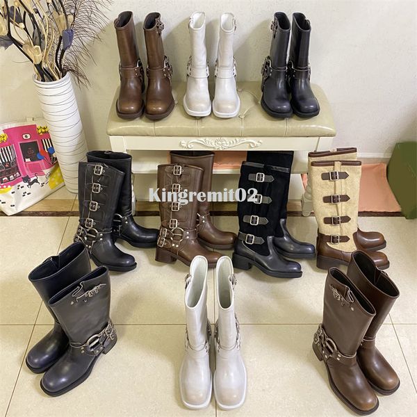 

designer boots cowboy boots women boot y2k style brown leather shoes winter martin bootss belt buckle trim booties, Black