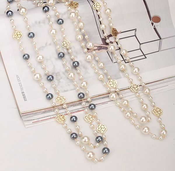 

fashion designer luxury classic style hollow roses elegant bright pearls long sweater statement necklace for woman6940103, Black