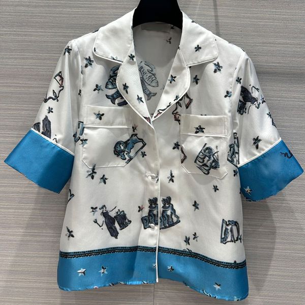 

7.25 100% silk pattern print blouses & shirts or shorts women's set, White