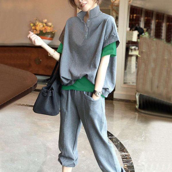

grey quality two piece short sleeve fashion suit womens summer loose age casual set, Black;gray
