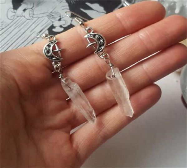 

dangle clear quartz moon earrings boho witchy natural stones esoteric celestial alternative nugoth gothic romanticstar 9063543, Silver