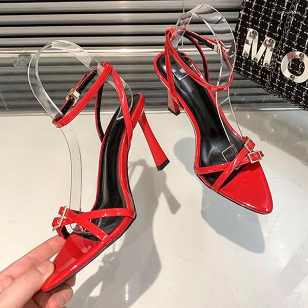 

sandals europe and the united states 2023 summer fashion thin band open toe one word buckle female pointy heels banquet, Black