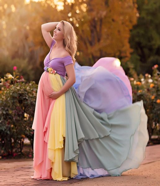 

colorful chiffon maternity dresses for po shoot with short sleeves pregnant gown off the shoulder custom made maxi dress8745727, Black