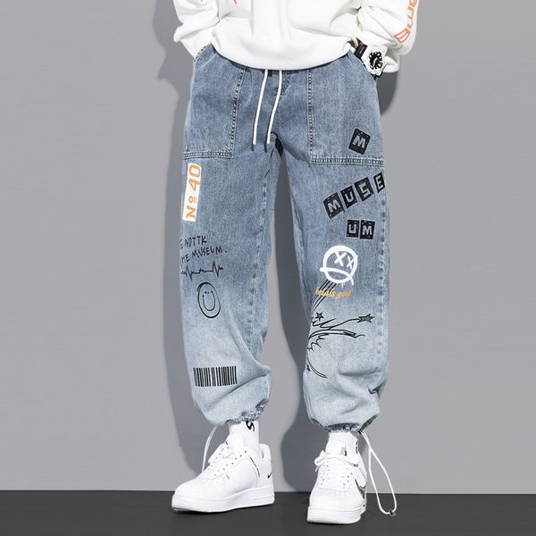 

mens jeans fashion cargo pants hip hop trend streetwear jogging men casual elastic waist clothing trousers 230725, Blue