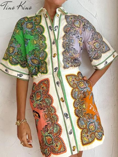 

basic casual dresse print mini dress turndown collar half sleeve single breasted summer holiday sundress high waist 2023 coloful beach robe, Black;gray