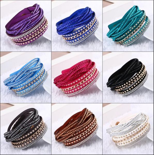 

new fashion 10colors pu leather wrap wristband cuff punk rhinestone bracelet crystal bangle charm bracelets for women3252170, Golden;silver