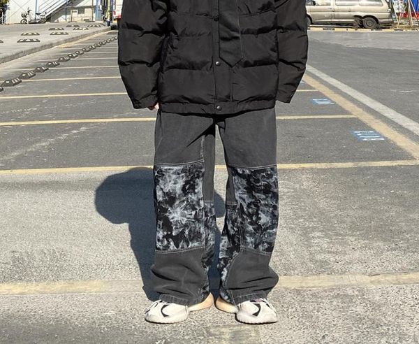 

men039s jeans high street style water wash mens hop hip straight loose denim pants retro patchwork tiedye chic men trousers9360439, Blue