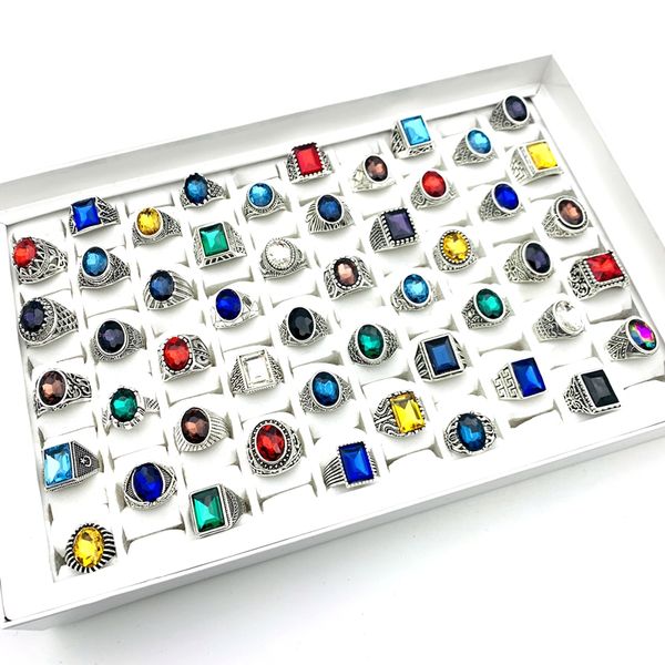

wholesale 100pcs retro ring antique silver plated multicolor stone glass vintage jewelry rings for men women party gifts, Golden;silver