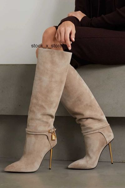 

boots lady heels party tom-fords -boot calf leathers winter booty padlock and gold womens pointy toe wedding boot dress long pumps 35-42 hig, Black