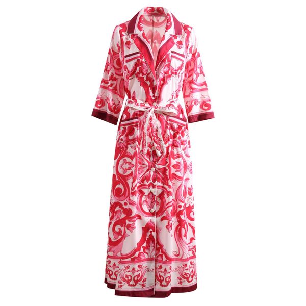 

high-quality silk blend printed long shirt dress with belt, Black
