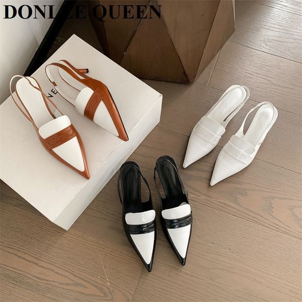 

sandals brand women sandal close toe slingback pumps thin heel shoes fashion hollow pointed toe mule french british style mujer 230724, Black