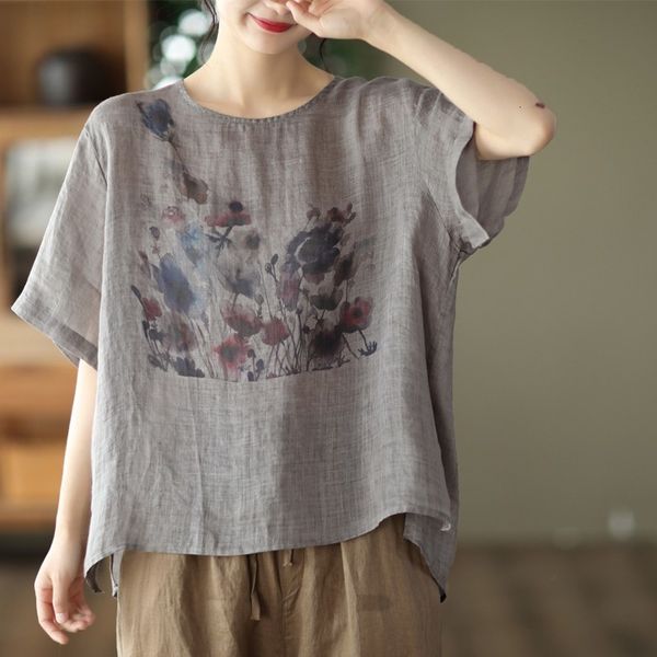 

womens tshirt summer arts style women short sleeve cotton linen tee shirt femme vintage flower print loose oneck tshirt c969 230724, White