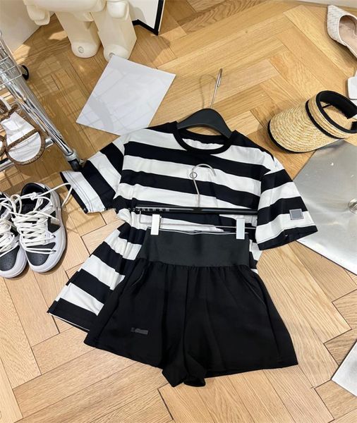 

women039s two piece pants horizontal stripe loose blouse label short sleeve high waist printed webbed belly tight wide leg shor6142198, White