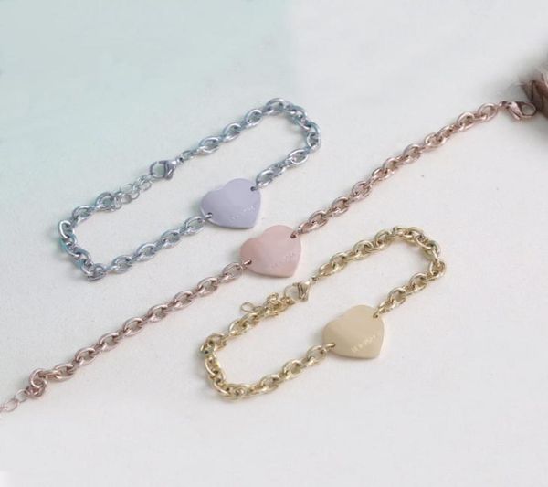 

europe america fashion style bracelet lady women stainless steel engraved t letter 18k plated gold heart pendant chain bracelets 37920061, Black