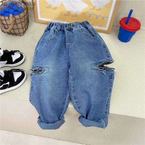 

fashion baby boy girl cotton jean pants hole zipper infant toddler child ripped denim trousers baby loose pant clothes 110y l230518, Blue