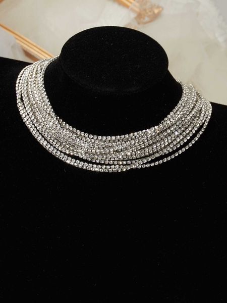 

women's accessories rhinestone decor layered necklace, Golden;silver