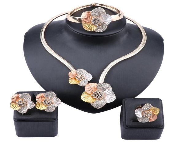 

african beads jewelry sets flower crystal pendant necklace earrings bracelet rings for women wedding party accessories sets1676203, Slivery;golden