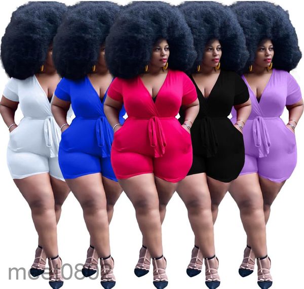 

women jumpsuit summer new designer fashion women039s solid color belt deep v onepiece pants short sleeve shorts rompers2964823, Black;white